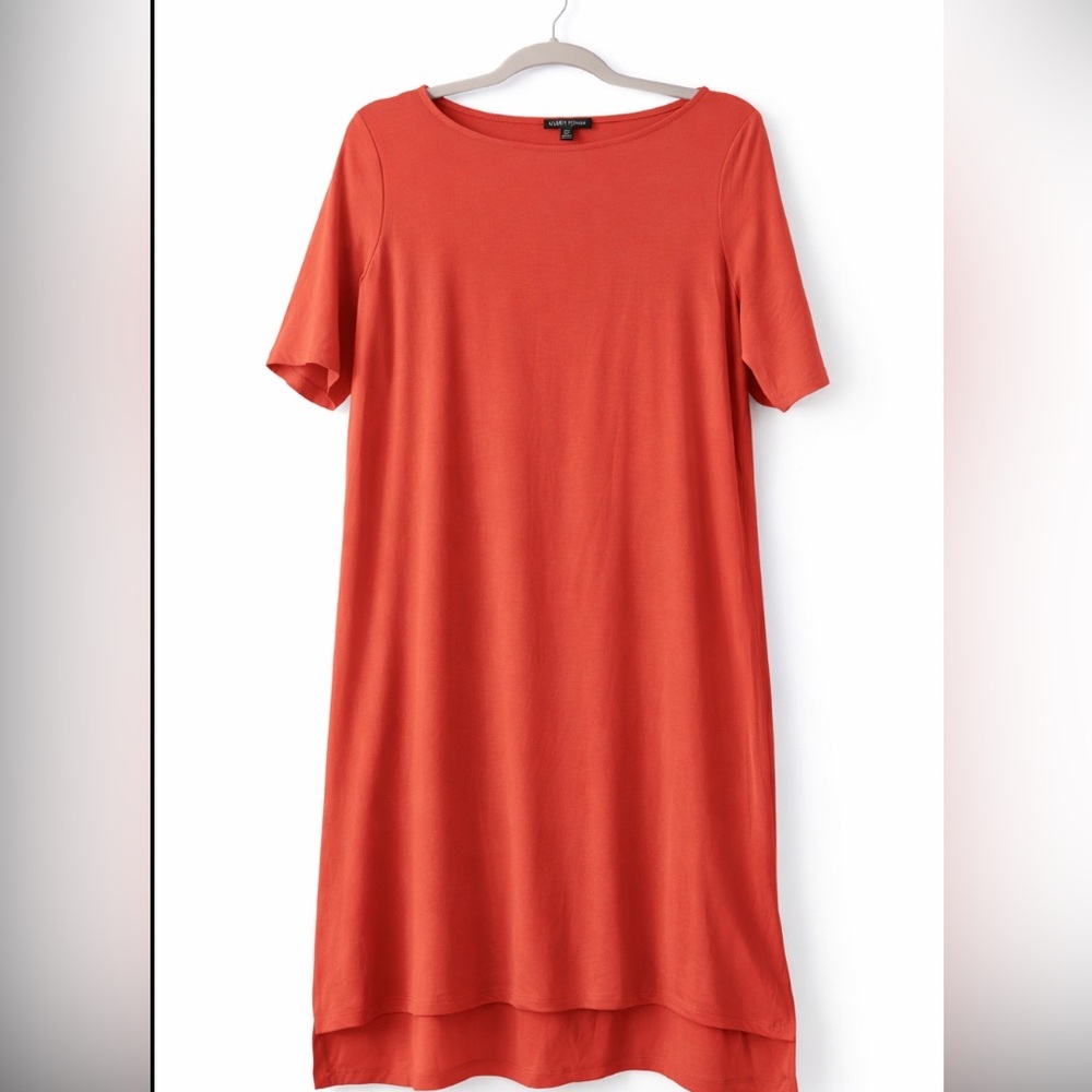 Eileen Fisher  Tencel Jersey uneven Shift Dress terracotta Short Sleeve PM